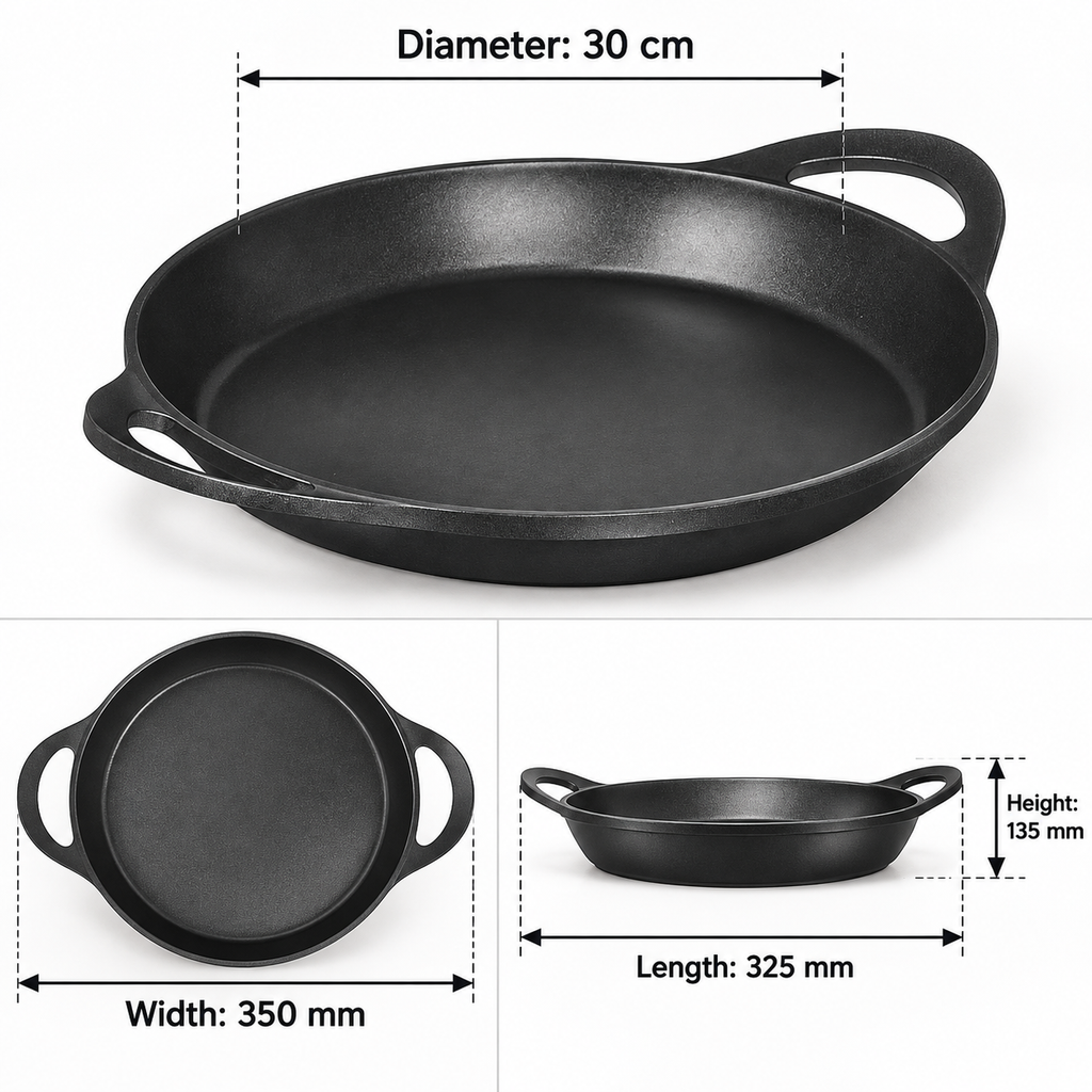 Black cast iron skillet with two side handles shown on a white background, with dimension callouts indicating diameter 30 cm, width 350 mm, length 325 mm, and height 135 mm.