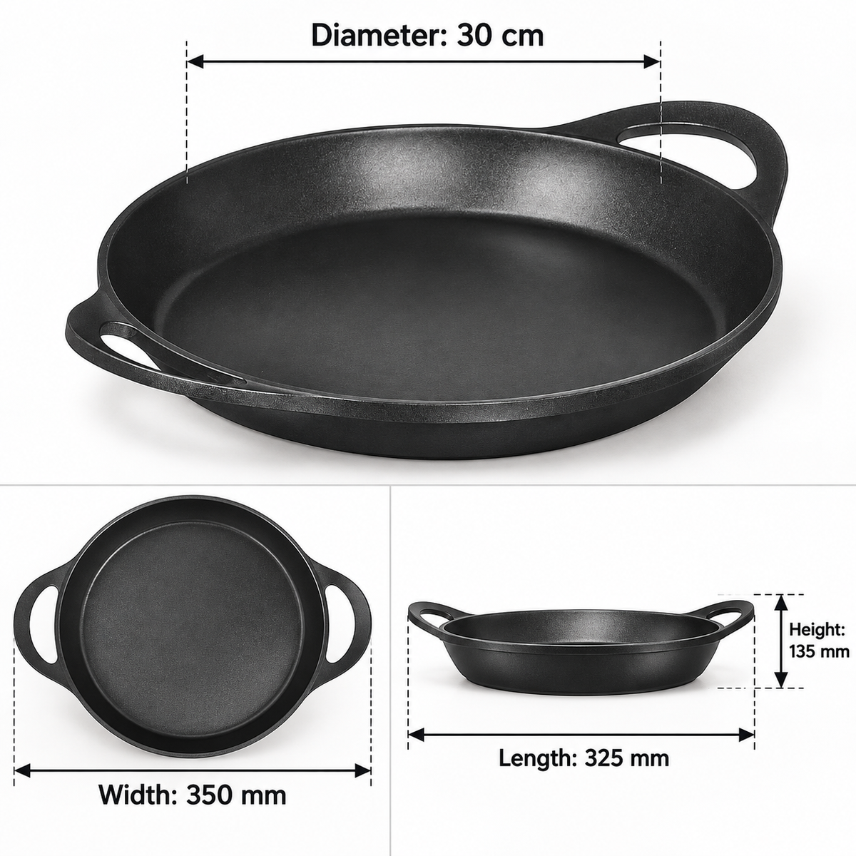 Black cast iron skillet with two side handles shown on a white background, with dimension callouts indicating diameter 30 cm, width 350 mm, length 325 mm, and height 135 mm.