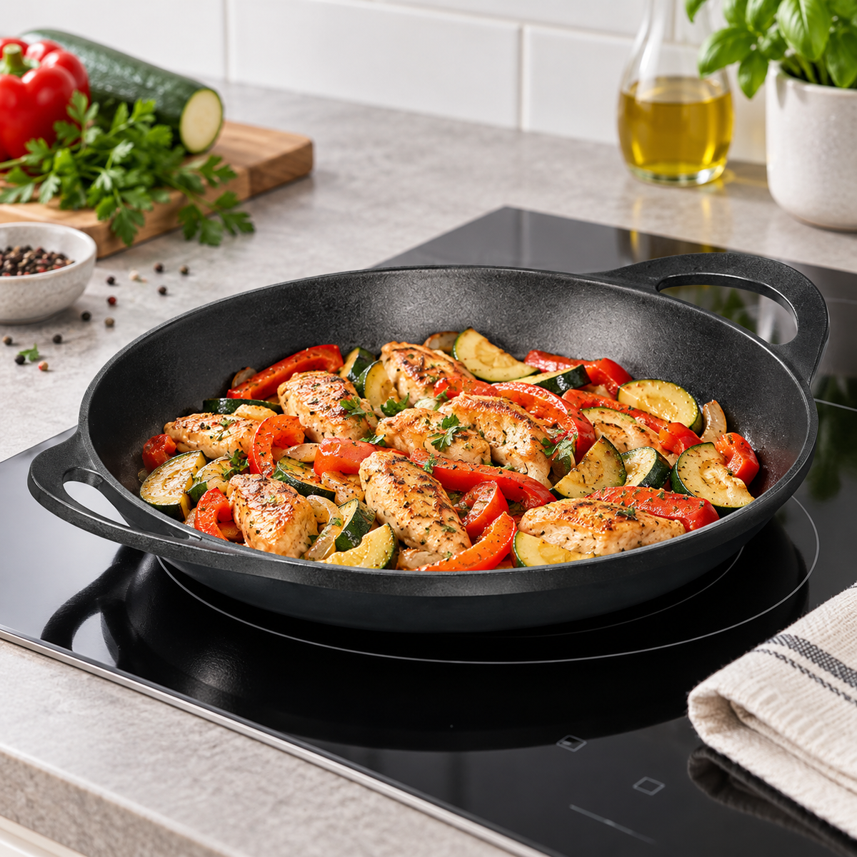 A black cast iron skillet filled with cooked chicken and vegetables sits on a black induction cooktop in a kitchen setting. The background shows a countertop with fresh ingredients, a cutting board, and a bottle of oil.
