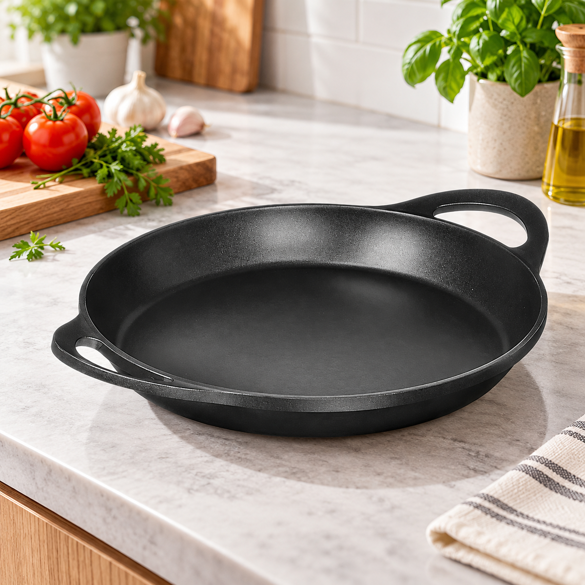 A black cast iron skillet with two side handles sits on a light marble kitchen countertop, surrounded by fresh tomatoes, garlic, herbs, a potted plant, and a bottle of olive oil.