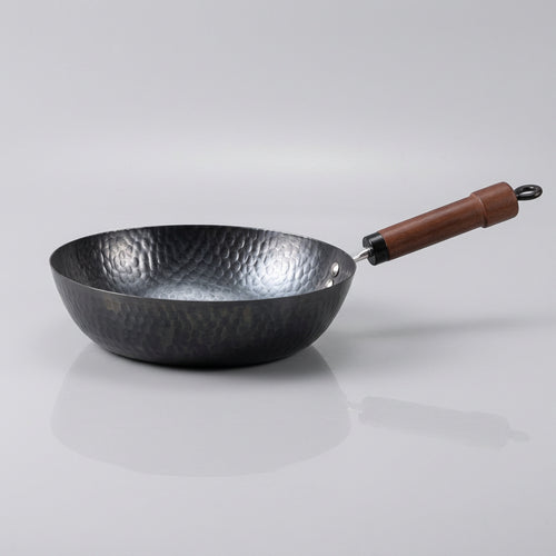 Wok with wooden handle and dimensions labeled on a white background